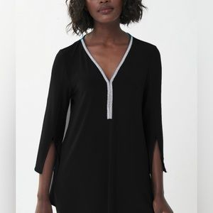 JOSEPH RIBKOFF Rhinestone Neckline Tunic Top Size 10/Med Midnight Blue